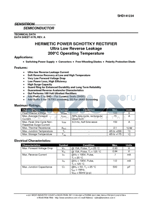 SHD141234_06 datasheet - HERMETIC POWER SCHOTTKY RECTIFIER Ultra Low Reverse Leakage 200`C Operating Temperature