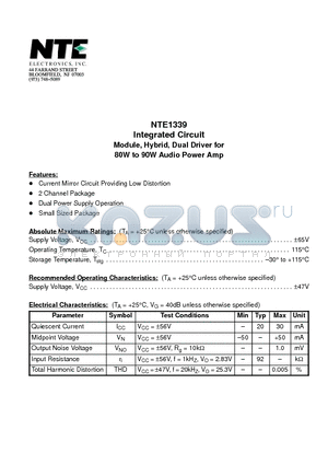 NTE1339 datasheet - Integrated Circuit Module, Hybrid, Dual Driver for 80W to 90W Audio Power Amp