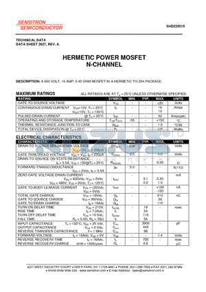 SHD225515 datasheet - HERMETIC POWER MOSFET N-CHANNEL