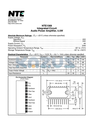 NTE1369 datasheet - Integrated Circuit Audio Power Amplifier, 5.5W
