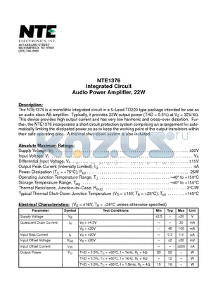 NTE1376 datasheet - Integrated Circuit Audio Power Amplifier, 22W