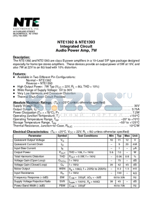 NTE1393 datasheet - Integrated Circuit Audio Power Amp, 7W