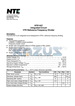 NTE1427 datasheet - Integrated Circuit VTR Reference Frequency Divider