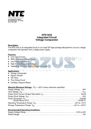 NTE1434 datasheet - Integrated Circuit Voltage Comparator