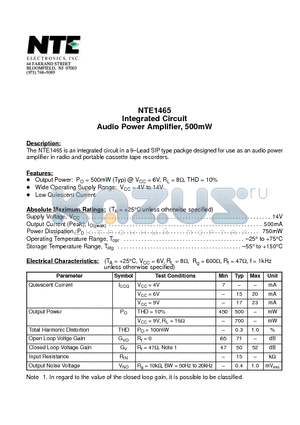 NTE1465 datasheet - Integrated Circuit Audio Power Amplifier, 500mW