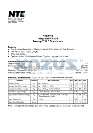 NTE1466 datasheet - Integrated Circuit Preamp w/ALC Transistors