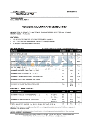 SHD620052 datasheet - HERMETIC SILICON CARBIDE RECTIFIER