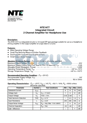 NTE1477 datasheet - Integrated Circuit 2 Channel Amplifier for Headphone Use