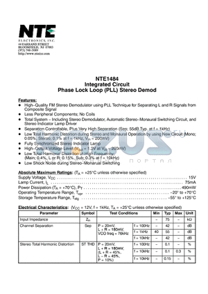 NTE1484 datasheet - Integrated Circuit Phase Lock Loop (PLL) Stereo Demod