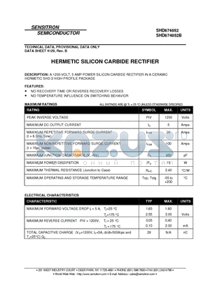 SHD674052 datasheet - HERMETIC SILICON CARBIDE RECTIFIER