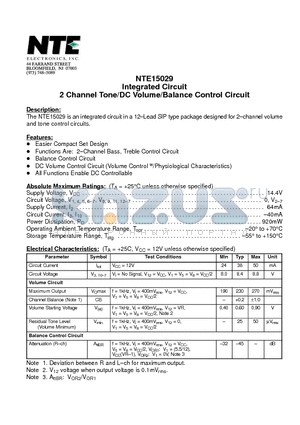 NTE15029 datasheet - Integrated Circuit 2 Channel Tone/DC Volume/Balance Control Circuit