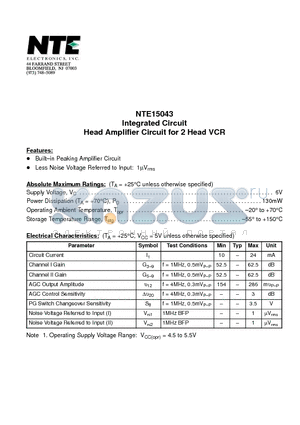 NTE15043 datasheet - Integrated Circuit Head Amplifier Circuit for 2 Head VCR