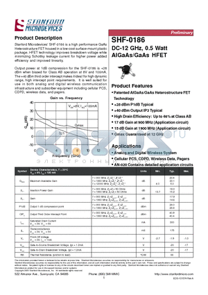SHF-0186 datasheet - DC-12 GHz, 0.5 Watt AlGaAs/GaAs HFET