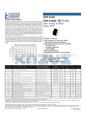 SHF-0189Z datasheet - 0.05 - 6 GHz, 0.5 Watt GaAs HFET