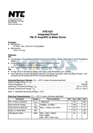 NTE1527 datasheet - Integrated Circuit FM, IF Amp/AFC & Meter Driver