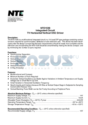 NTE1538 datasheet - Integrated Circuit TV Horizontal/Vertical OSC Driver