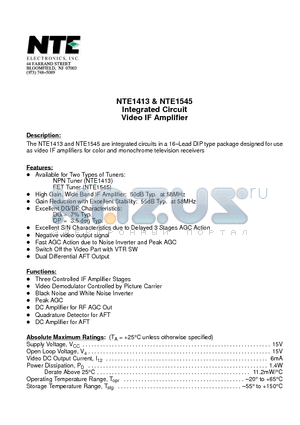 NTE1545 datasheet - Integrated Circuit Video IF Amplifier