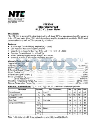 NTE1561 datasheet - Integrated Circuit 5 LED VU Level Meter