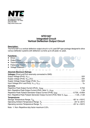 NTE1567 datasheet - Integrated Circuit Vertical Deflection Output Circuit