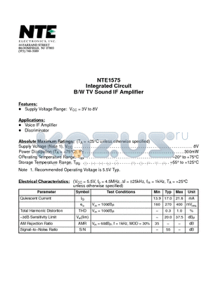 NTE1575 datasheet - Integrated Circuit B/W TV Sound IF Amplifier