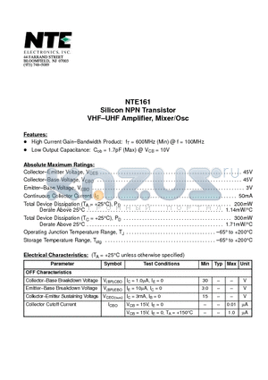 NTE161 datasheet - Silicon NPN Transistor VHF-UHF Amplifier, Mixer/Osc