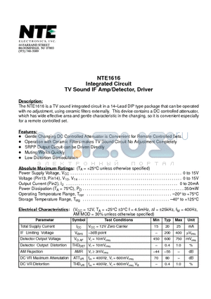 NTE1616 datasheet - Integrated Circuit TV Sound IF Amp/Detector, Driver