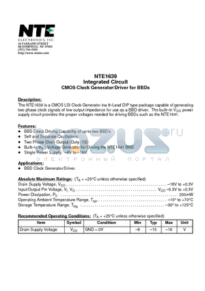 NTE1639 datasheet - Integrated Circuit CMOS Clock Generator/Driver for BBDs