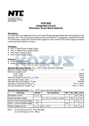 NTE1658 datasheet - Integrated Circuit Television Tuner Band Selector