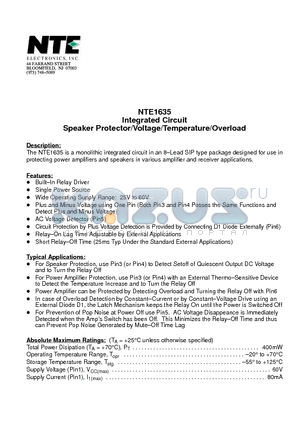 NTE1635 datasheet - Integrated Circuit Speaker Protector/Voltage/Temperature/Overload