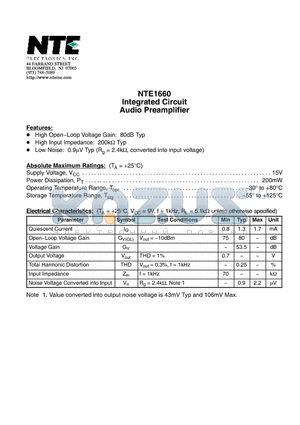 NTE1660 datasheet - Integrated Circuit Audio Preamplifier