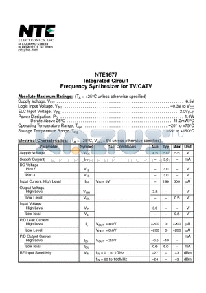 NTE1677 datasheet - Integrated Circuit Frequency Synthesizer for TV/CATV