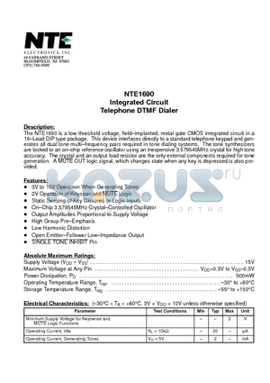 NTE1690 datasheet - Integrated Circuit Telephone DTMF Dialer