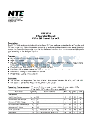 NTE1728 datasheet - Integrated Circuit VIF & SIF Circuit for VCR