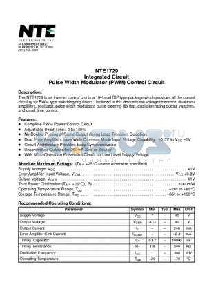NTE1729 datasheet - Integrated Circuit Pulse Width Modulator (PWM) Control Circuit