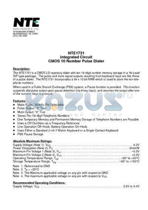 NTE1731 datasheet - Integrated Circuit CMOS 10 Number Pulse Dialer