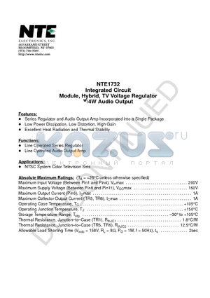 NTE1732 datasheet - Integrated Circuit Module, Hybrid, TV Voltage Regulator w/4W Audio Output