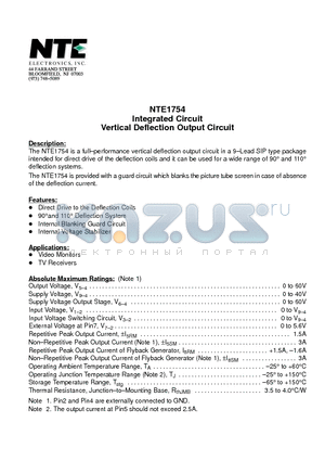 NTE1754 datasheet - Integrated Circuit Vertical Deflection Output Circuit