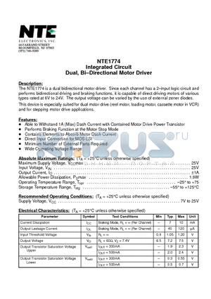 NTE1774 datasheet - Integrated Circuit Dual, Bi-Directional Motor Driver