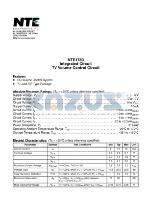 NTE1783 datasheet - Integrated Circuit TV Volume Control Circuit