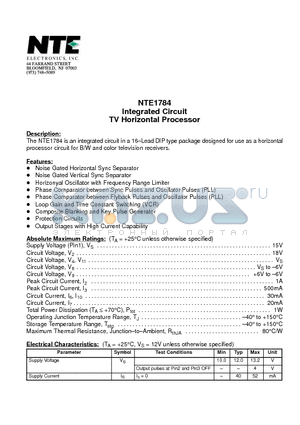 NTE1784 datasheet - Integrated Circuit TV Horizontal Processor