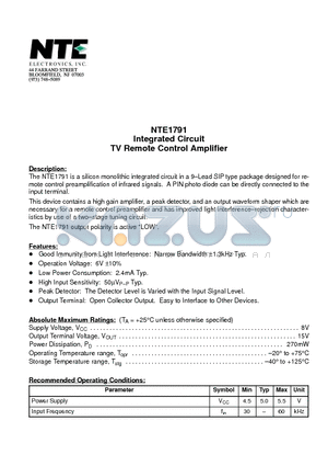 NTE1791 datasheet - Integrated Circuit TV Remote Control Amplifier