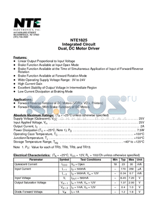 NTE1825 datasheet - Integrated Circuit Dual, DC Motor Driver