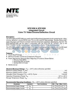 NTE1838 datasheet - Integrated Circuit Color TV Video/Chroma/Deflection Circuit