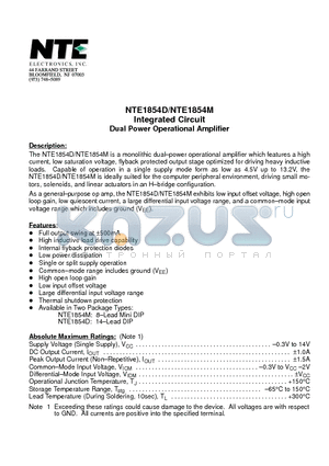 NTE1854D datasheet - Integrated Circuit Dual Power Operational Amplifie