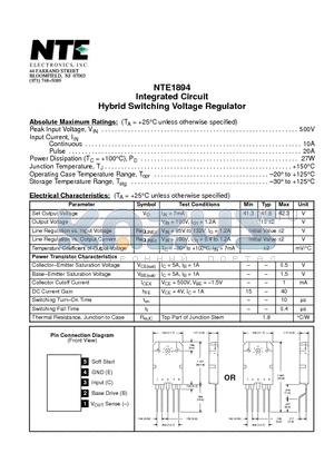 NTE1894 datasheet - Integrated Circuit Hybrid Switching Voltage Regulator