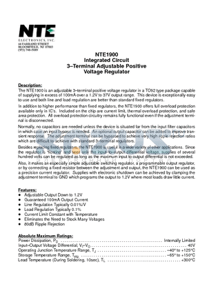 NTE1900 datasheet - Integrated Circuit 3-Terminal Adjustable Positive Voltage Regulator