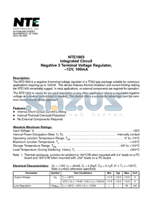 NTE1903 datasheet - Integrated Circuit Negative 3 Terminal Voltage Regulator, -12V, 100mA