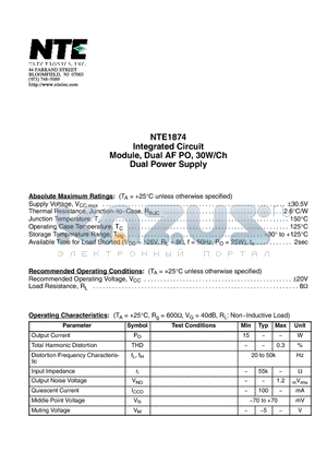 NTE1874 datasheet - Integrated Circuit Module, Dual AF PO, 30W/Ch Dual Power Supply