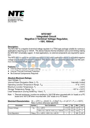 NTE1907 datasheet - Integrated Circuit Negative 3 Terminal Voltage Regulator, -18V, 100mA