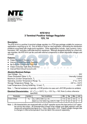 NTE1914 datasheet - 3 Terminal Positive Voltage Regulator 12V, 1A